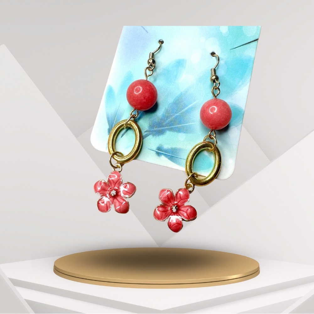 Hand crafted Pink Flower Earrings with Gold-Tone Accents